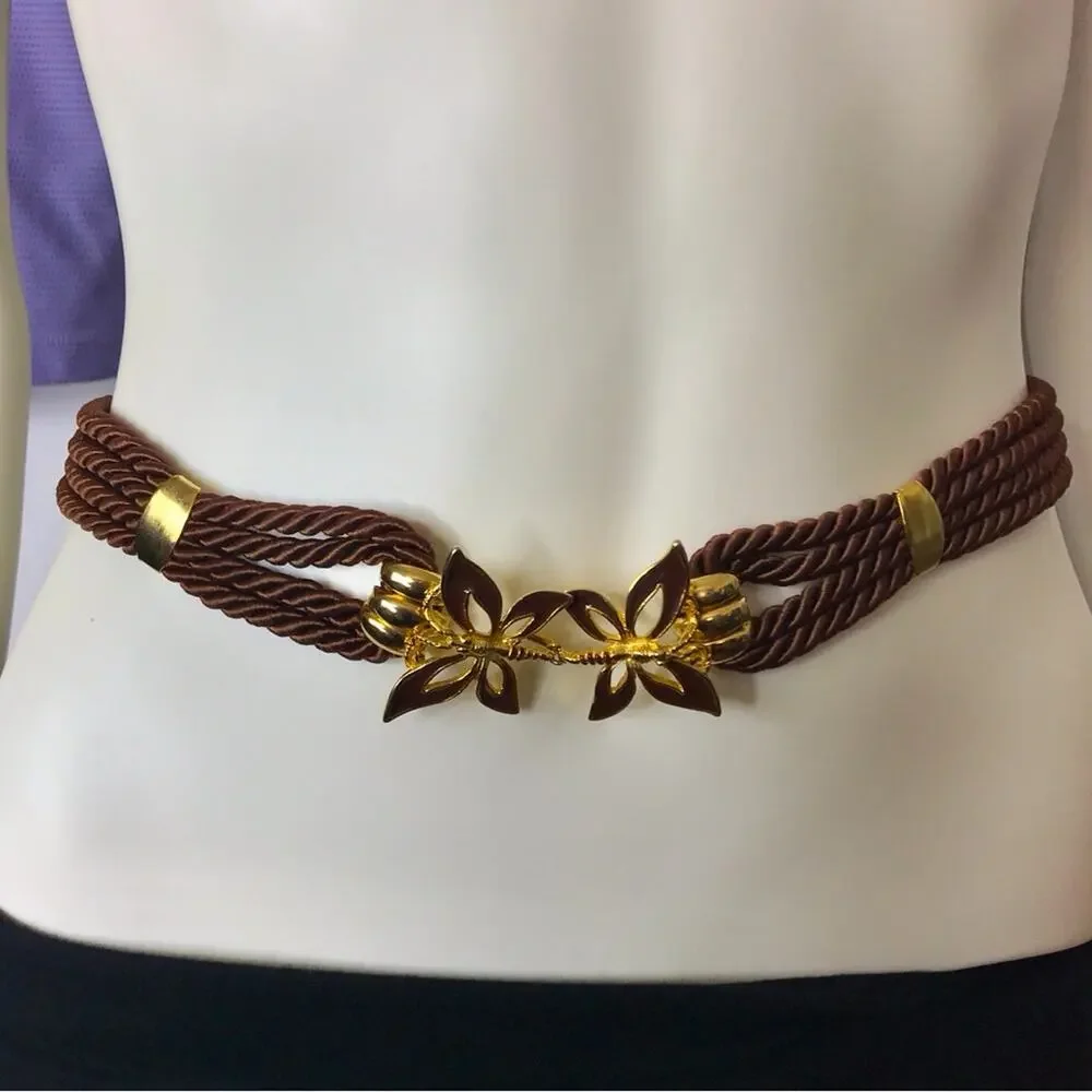 Butterfly Enameled Brown & Gold Satin Rope Belt 27